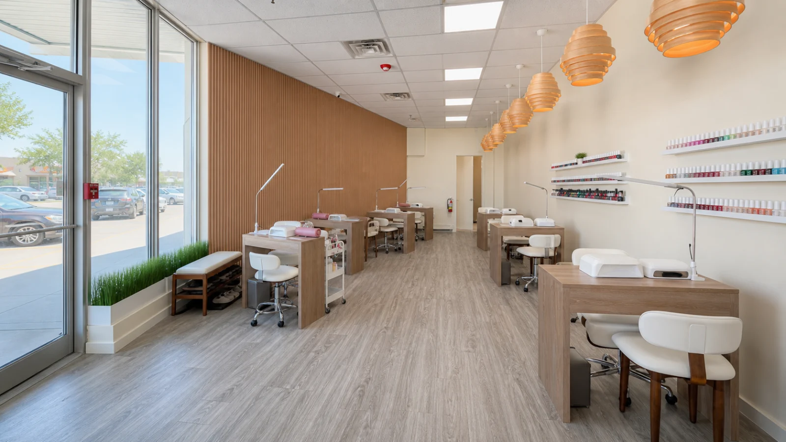 Wide entrance view through the empty manicure floor at The Hestia Nail Bar