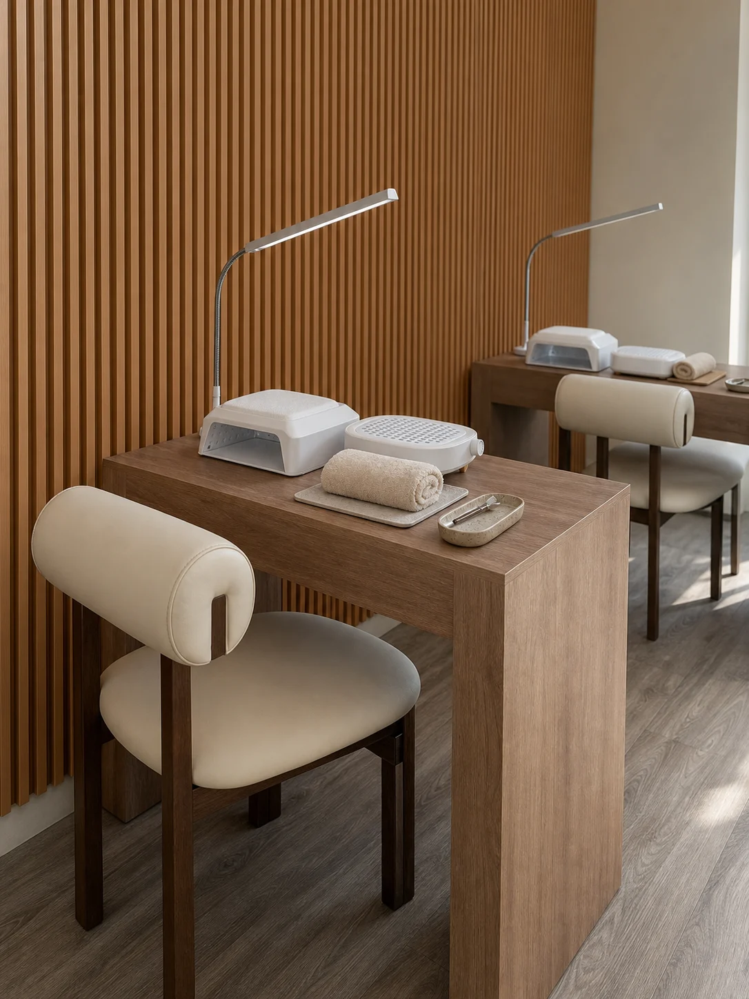 Two immaculate manicure stations aligned beside the walnut slat wall at The Hestia Nail Bar